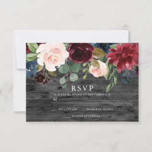 Cartão RSVP Casamento Floral Rustic Burgundy Red Blush