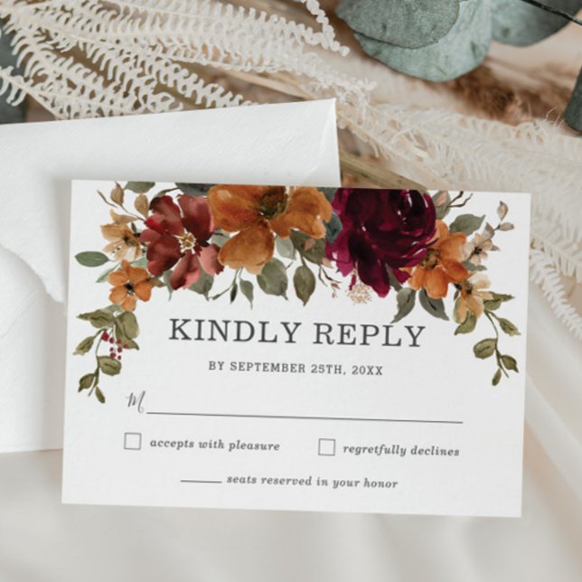 Cartão RSVP Casamento Floral Rustic Chic Burgundy Burnt Orange (rustic-elegant-burgundy-burnt-orange-floral-flowers-autumn-fall-wedding-rsvp-reply-response-cards)