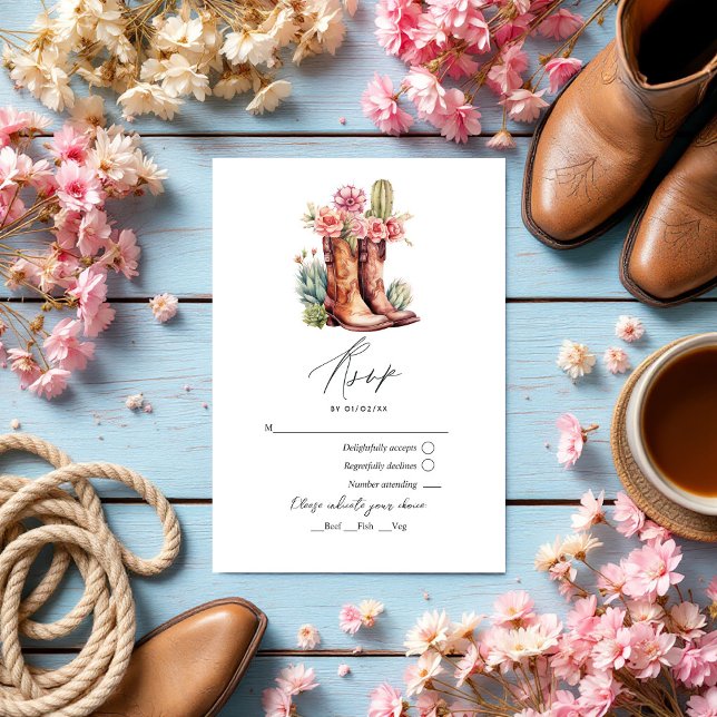 Cartão RSVP Casamento Floral Rustic Cowboy Boots and Saddle (Rustic Cowboy Boots and Saddle Floral Wedding RSVP Card)