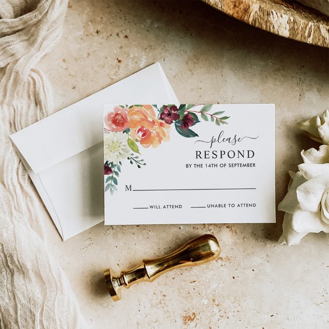 Cartão RSVP Casamento Floral Rustic Elegant Burgundy Fall (Criador carregado)