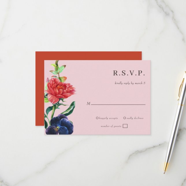 Cartão RSVP Casamento Floral Rustic Watercolor Blooms (Frente/Verso In Situ)