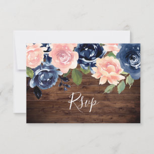 Cartão RSVP Casamento Floral Rustic Wood Blush & Marinho Water