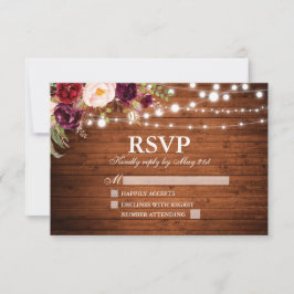 Cartão RSVP Casamento Floral Rustic Wood Lights Burgundy
