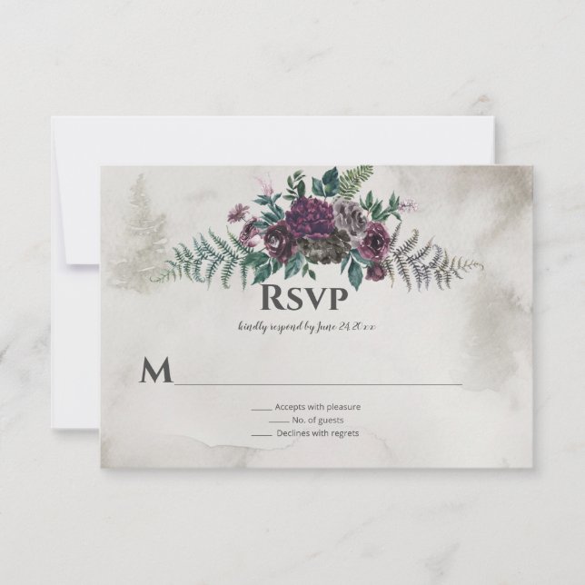 Cartão RSVP Casamento Floral Rústico Burgundy Cinza Selvagem (Frente)