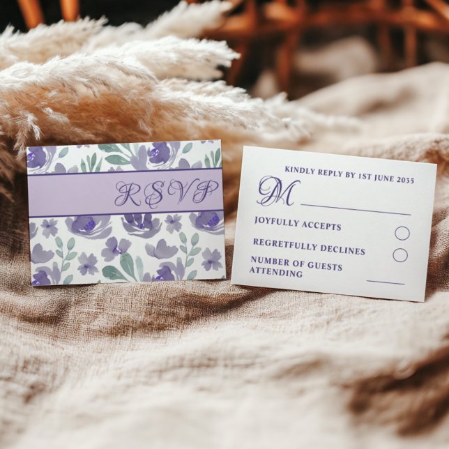 Cartão RSVP Casamento Floral Rústico De Aquarela Roxa (Criador carregado)