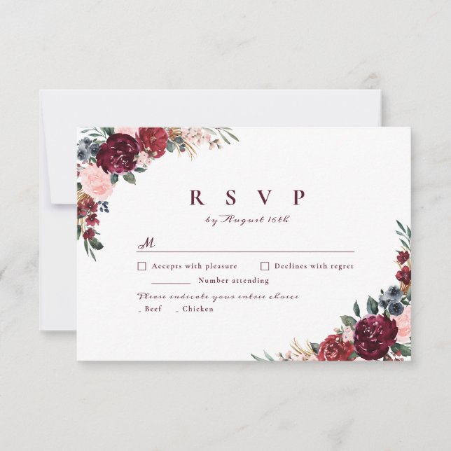 Cartão RSVP Casamento floral rústico de bragundia (Frente)