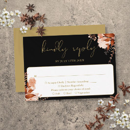 Cartão RSVP Casamento Floral Rústico Elegante Preto e Dourado