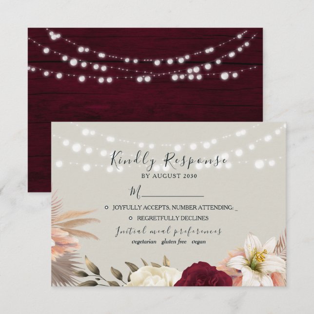 Cartão RSVP Casamento Floral Rústico em Borgonha (Frente/Verso)