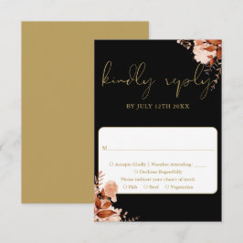 Cartão RSVP Casamento Floral Rústico Preto e Dourado