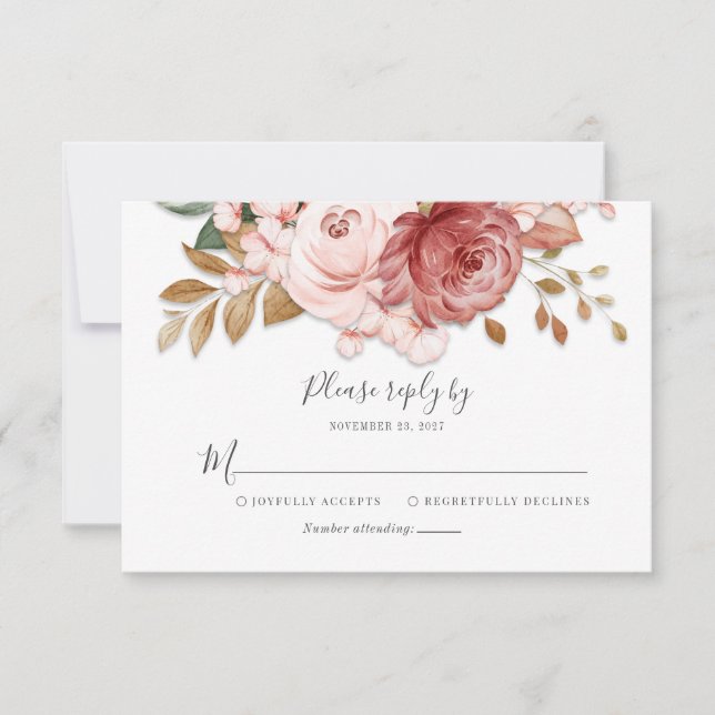Cartão RSVP Casamento Floral Rústico Script Botânico Florescer (Frente)