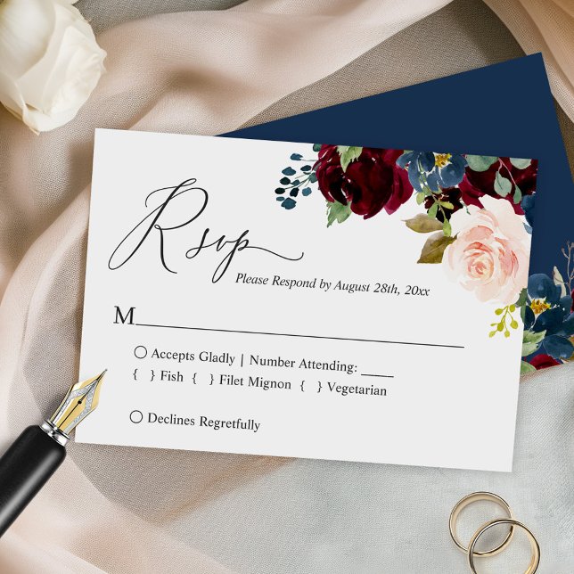Cartão RSVP Casamento Floral Simples com Blush de Marinho Burg (Criador carregado)
