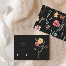 Cartão RSVP Casamento Floral Simples de Flor Preto Colorida