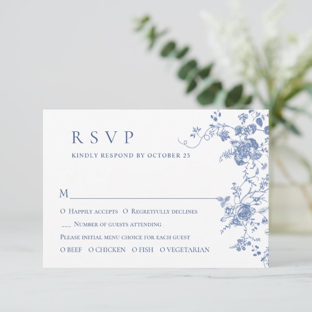 Cartão RSVP Casamento Floral Simples do Jardim Azul Francês (Em pé/Frente)