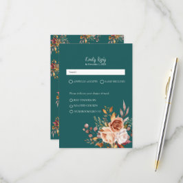 Cartão RSVP Casamento Floral Terracota Aquarela Azul Outono