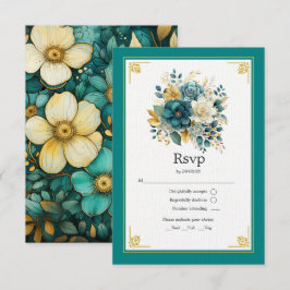 Cartão RSVP Casamento Floral Turquesa e Dourado