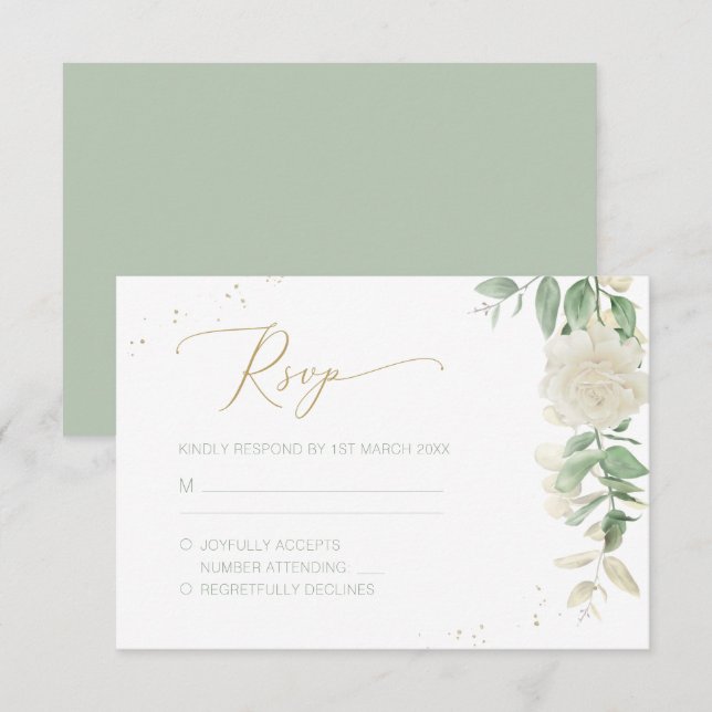 Cartão RSVP Casamento Floral Verde Elegante Moderno (Frente/Verso)