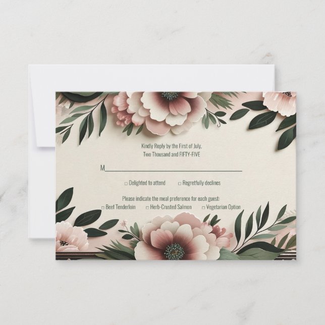 Cartão RSVP Casamento Floral Verde Escuro e Rosa Esbranquiçado (Frente)
