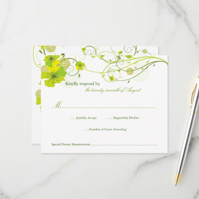Cartão RSVP Casamento Floral Verde Hibiscus Swirls & Swallow (Frente/Verso In Situ)