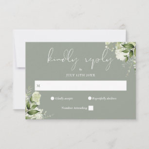 Cartão RSVP Casamento Floral Verde Oliva Elegante com Vegetaçã