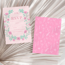 Cartão RSVP Casamento floral verde-rosa, cor-de-rosa, da Boêmi