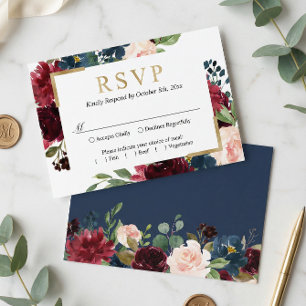 Cartão RSVP Casamento Floral Vermelho Azul Espelho Brilhante