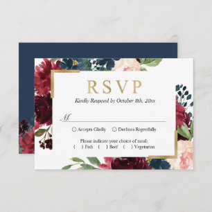 Cartão RSVP Casamento Floral Vermelho Azul Espelho Brilhante