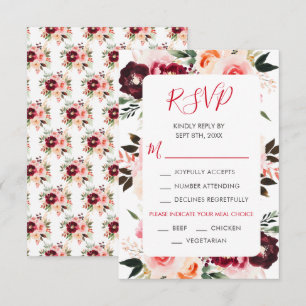 Cartão RSVP Casamento Floral Vermelho Borgonha e Rosa Bege