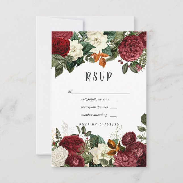 Cartão RSVP Casamento Floral Vermelho De Vinho Borgonha (Frente)