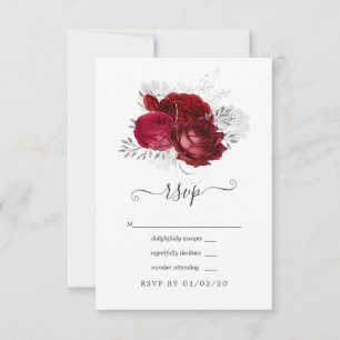 Cartão RSVP Casamento Floral Vermelho e Prata