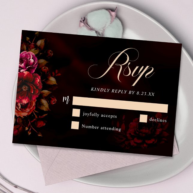Cartão RSVP Casamento floral vermelho-preto elegante (Criador carregado)