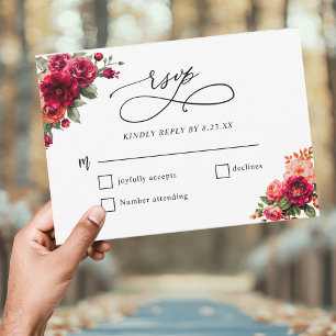 Cartão RSVP Casamento floral vermelho rosa chique e dourado fa