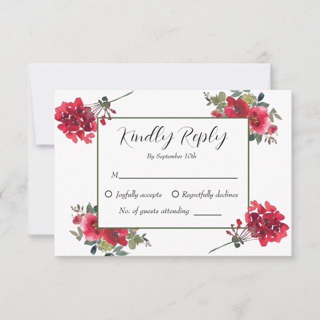 Cartão RSVP Casamento Floral Vermelho Rosa Vermelha Elegante (Frente)