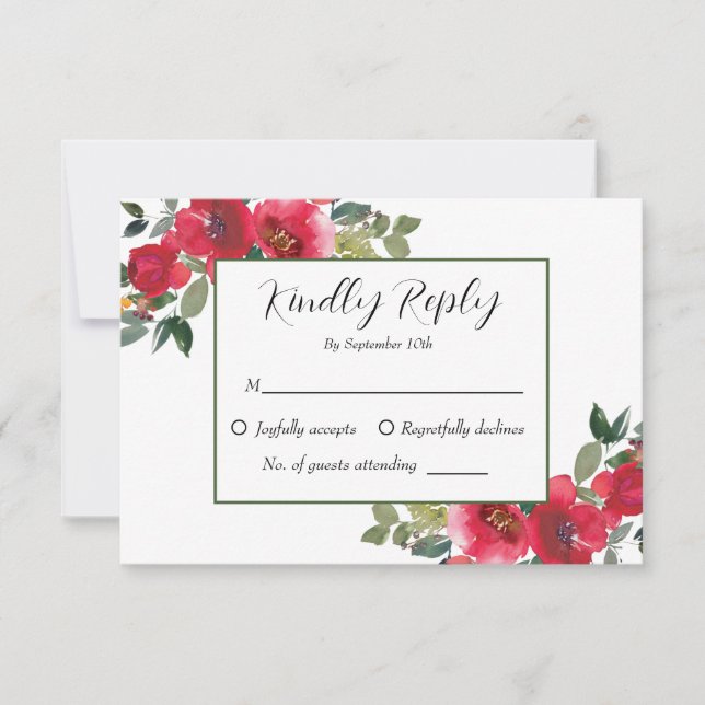 Cartão RSVP Casamento Floral Vermelho Rosa Vermelha Elegante (Frente)