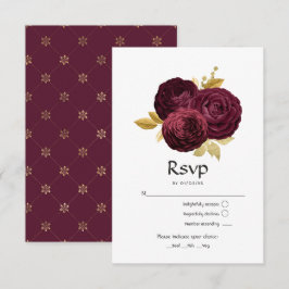 Cartão RSVP Casamento Floral Vintage em Borgonha e Dourado