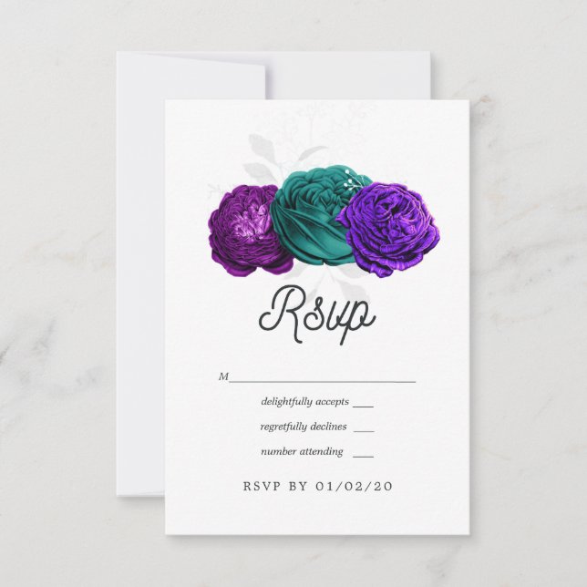Cartão RSVP Casamento Floral Violeta Rústico e Turquesa (Frente)