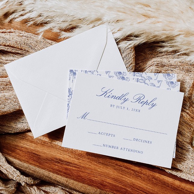 Cartão RSVP Casamento Floral Vitoriano de Chinoiserie Azul Ele (Criador carregado)