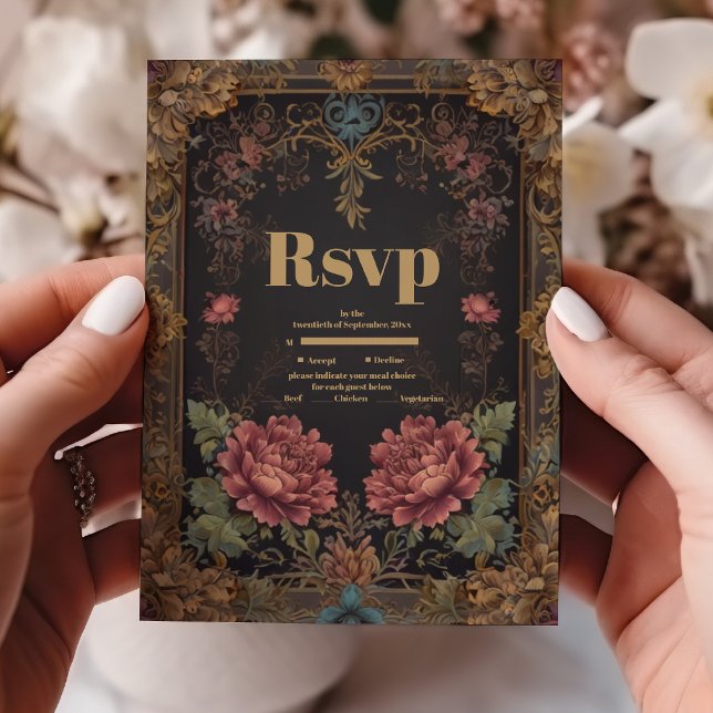 Cartão RSVP Casamento Floral Vitoriano Gótico (Criador carregado)