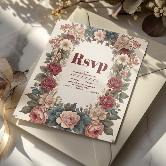 Cartão RSVP Casamento Floral Whimsical Vitoriano Real (Criador carregado)