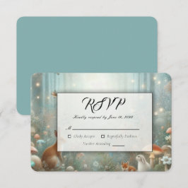 Cartão RSVP Casamento Floresta Encantada em Verde-Azul e Pêsse