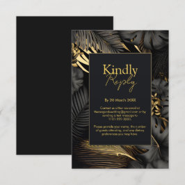 Cartão RSVP Casamento Folhas Tropicais Preto e Dourado Moderno