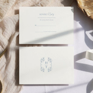 Cartão RSVP Casamento Formal de Monograma Azul com Na moda sim