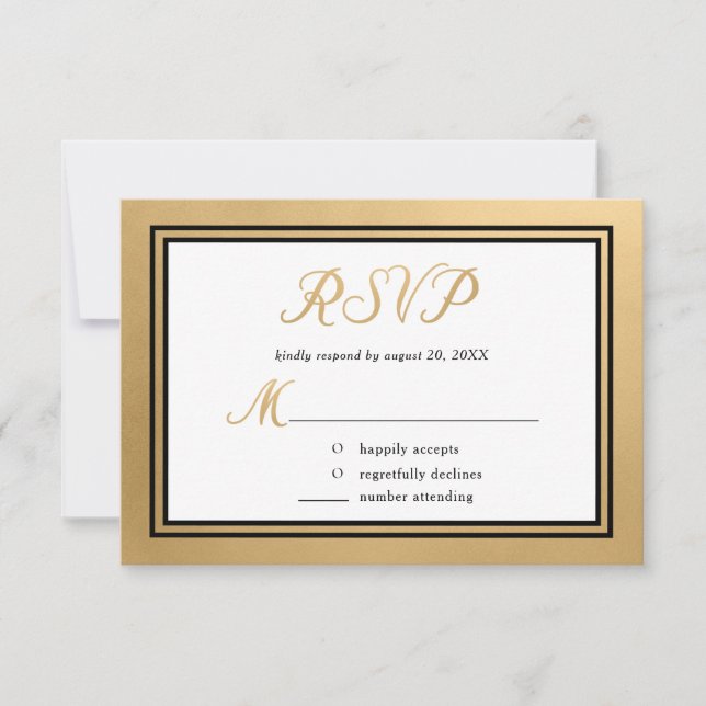 Cartão RSVP Casamento Formal Dourado Preto (Frente)