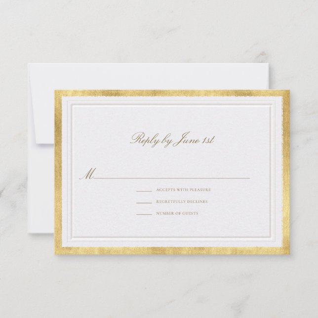 Cartão RSVP Casamento Formal Pérola Dourado Falso Clássico (Frente)