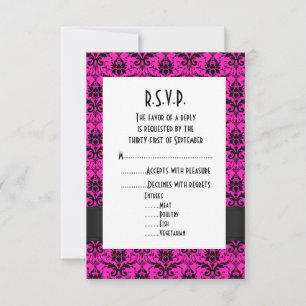 Cartão RSVP Casamento formal R.S.V.P., rosa e negro damasco