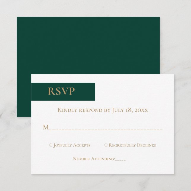 Cartão RSVP Casamento Formal Simples Moderno Verde Dourado Ele (Frente/Verso)