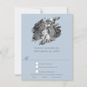 Cartão RSVP Casamento Foto com Pincelada Moderna   Azul