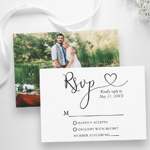Cartão RSVP Casamento Foto Coração Caligrafia Moderna