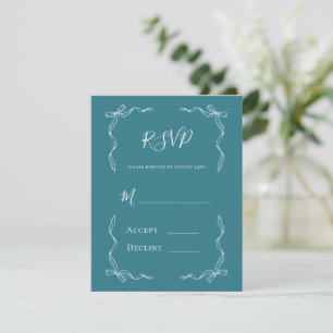 Cartão RSVP Casamento Francês Antigo Desenhado à Mão em Azul E