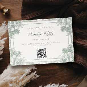Cartão RSVP Casamento Francês QR Jardim Vintage Verde Salvia