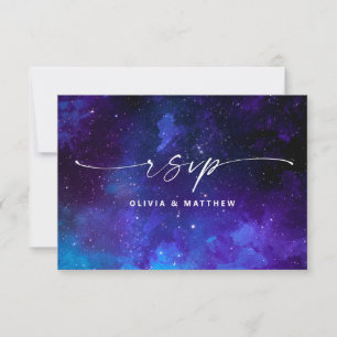 Cartão RSVP Casamento Galáxia Roxa   Noite Estrelada Celestial